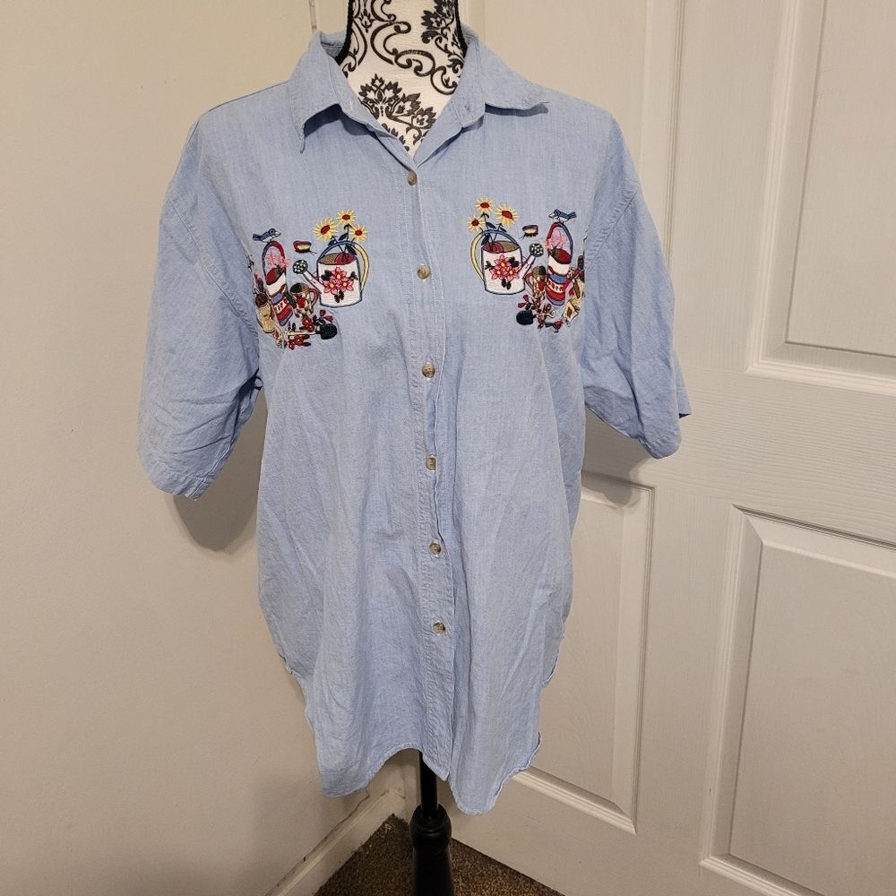 Light washed embroidered button up shirt‎